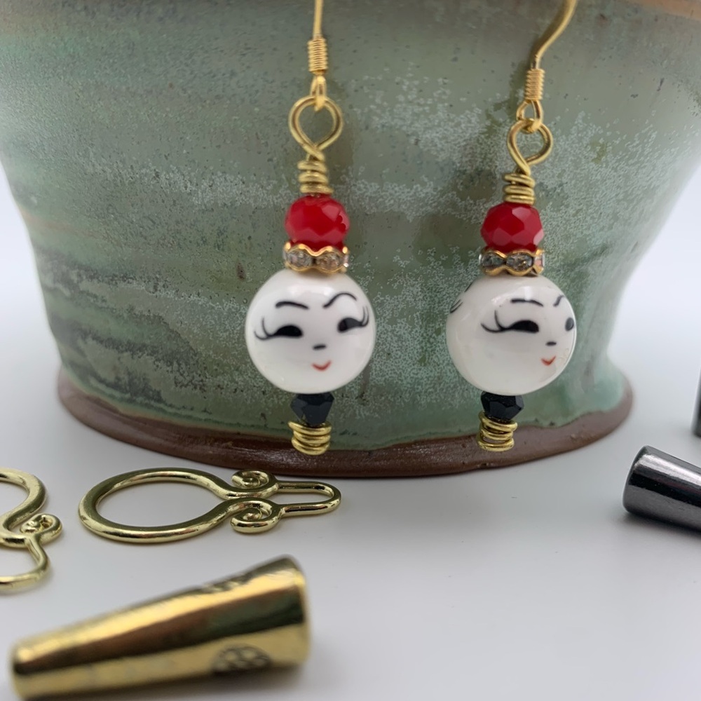 Whimsical Beaded Gold and Red Face Dangle Earrings Handmade Eclectic